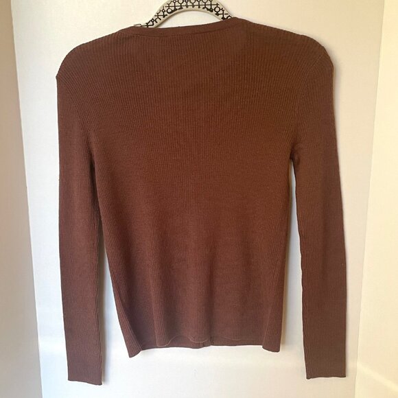Elie Tahari Merino Wool Cardigan Womens XS Brown Lightweight Ribbed Sweater - Picture 4 of 8